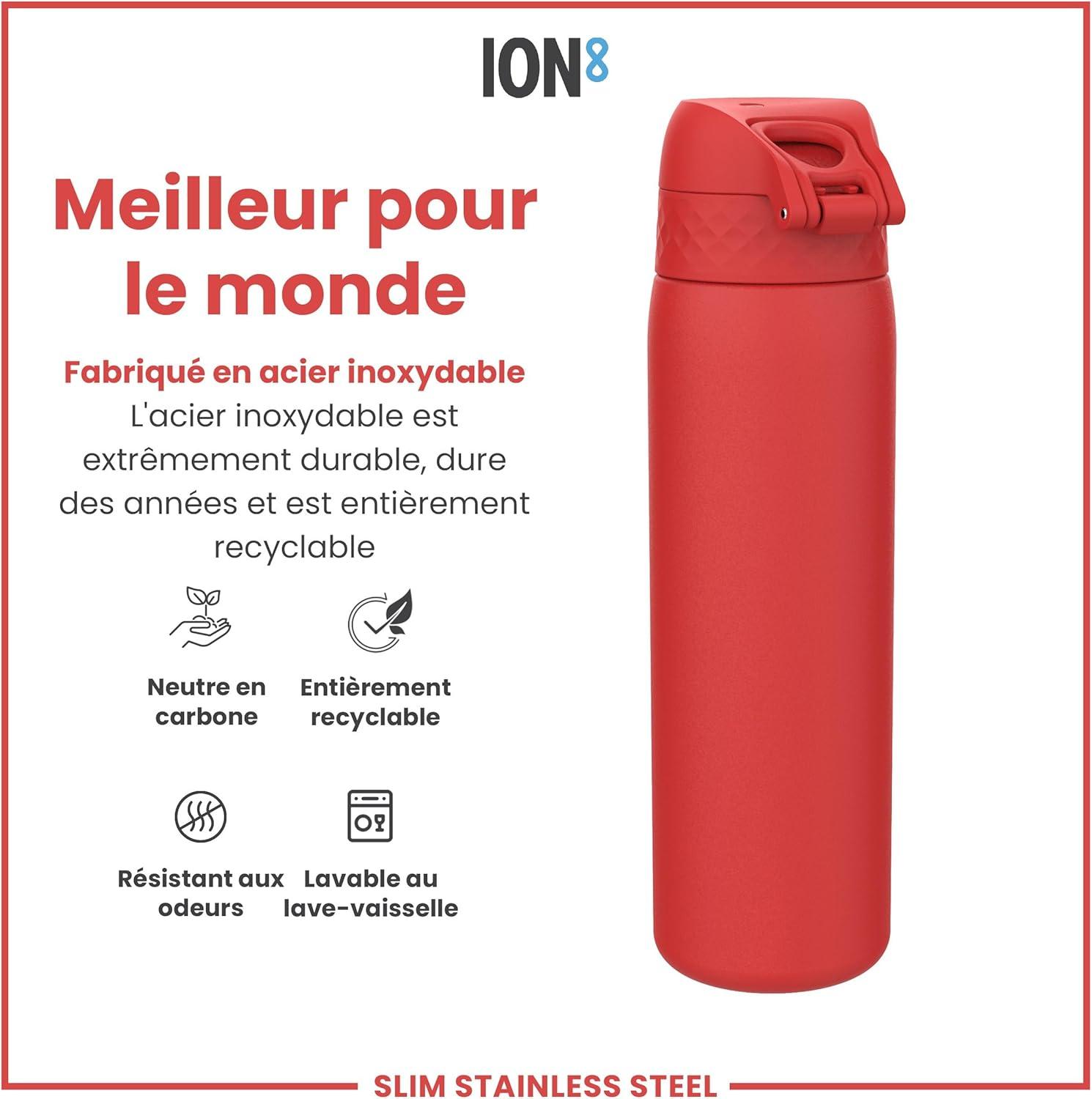 image:imageION8 Gourde Inox Lger 600ml Non Isol AntiFuite Facile Ouvrir Verrouillage Scuris Lavable au LaveVaisselle Poigne de Transport Durable Acier Inoxydable BleuRouge