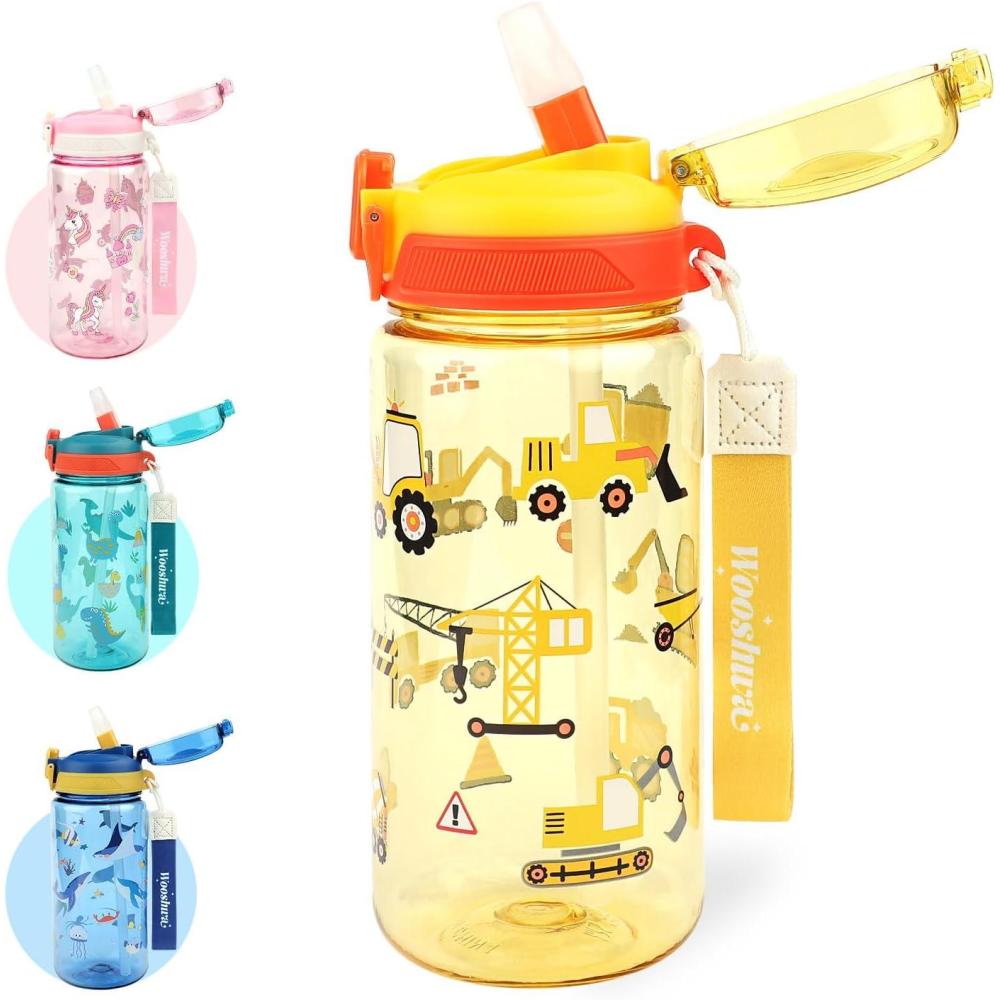 image:imageGourde Enfant avec Paille AntiFuite tanche 600 ml Bouteille Enfant sans BPA Verrouillage Scuris Bouteilles deau pour Maternelle lcole Sport AnimauxExcavateur Jaune