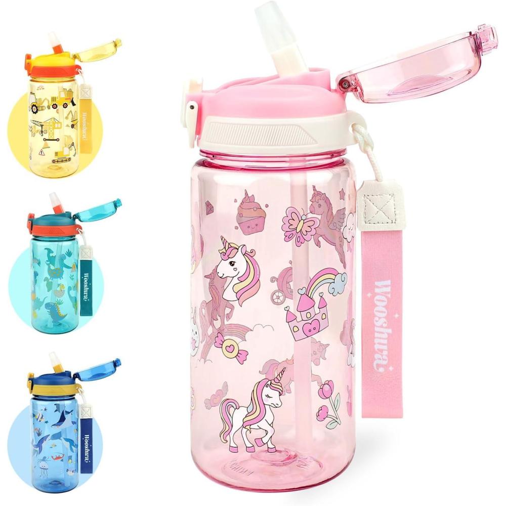 image:imageGourde Enfant avec Paille AntiFuite tanche 600 ml Bouteille Enfant sans BPA Verrouillage Scuris Bouteilles deau pour Maternelle lcole Sport AnimauxLicorne  Rose