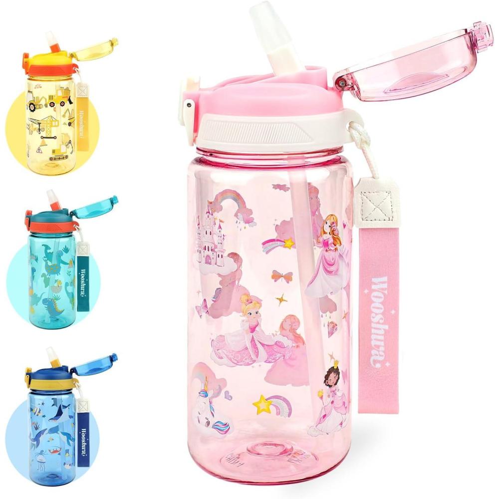 image:imageGourde Enfant avec Paille AntiFuite tanche 600 ml Bouteille Enfant sans BPA Verrouillage Scuris Bouteilles deau pour Maternelle lcole Sport AnimauxPrincesse Rose
