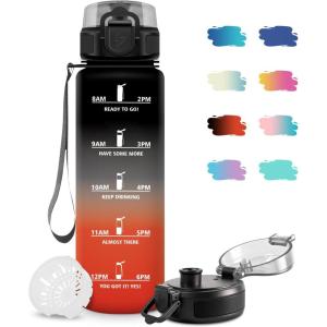 Bouteille d&rsquo;eau Sport 1L, Bouteille d&rsquo;eau Motivation Marqueur de Temps, Gourde avec Filtre, Facile à Nettoyer, Étanche et Réutilisable, Gourde pour Randonnée, Cyclisme, Bureau, Extérieur, Yoga(17oz-500ml | Noir + Rouge)