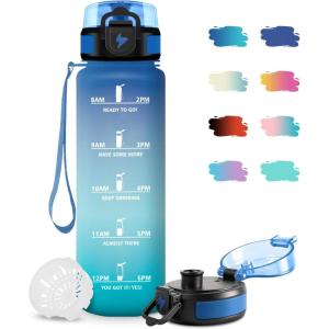 Bouteille d&rsquo;eau Sport 1L, Bouteille d&rsquo;eau Motivation Marqueur de Temps, Gourde avec Filtre, Facile à Nettoyer, Étanche et Réutilisable, Gourde pour Randonnée, Cyclisme, Bureau, Extérieur, Yoga(17oz-500ml | Rose + Cyan)