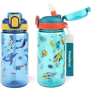 Gourde Enfant avec Paille, Anti-Fuite, Étanche, 600 ml Bouteille Enfant sans BPA, Verrouillage Sécurisé, Bouteilles d&rsquo;eau pour Maternelle l&rsquo;école Sport, Animaux(Animaux Marins & Fusées)