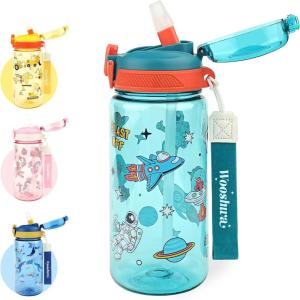 Gourde Enfant avec Paille, Anti-Fuite, Étanche, 600 ml Bouteille Enfant sans BPA, Verrouillage Sécurisé, Bouteilles d&rsquo;eau pour Maternelle l&rsquo;école Sport, Animaux(Astronaute – Vert)