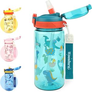 Gourde Enfant avec Paille, Anti-Fuite, Étanche, 600 ml Bouteille Enfant sans BPA, Verrouillage Sécurisé, Bouteilles d&rsquo;eau pour Maternelle l&rsquo;école Sport, Animaux(Dinosaure – Vert)