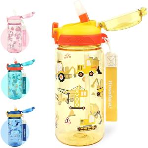 Gourde Enfant avec Paille, Anti-Fuite, Étanche, 600 ml Bouteille Enfant sans BPA, Verrouillage Sécurisé, Bouteilles d&rsquo;eau pour Maternelle l&rsquo;école Sport, Animaux(Excavateur – Jaune)