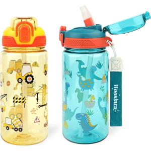 Gourde Enfant avec Paille, Anti-Fuite, Étanche, 600 ml Bouteille Enfant sans BPA, Verrouillage Sécurisé, Bouteilles d&rsquo;eau pour Maternelle l&rsquo;école Sport, Animaux(Excavateur & Dinosaure)