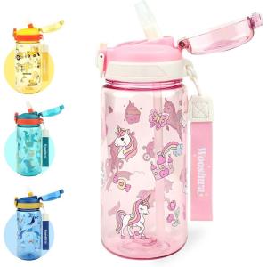 Gourde Enfant avec Paille, Anti-Fuite, Étanche, 600 ml Bouteille Enfant sans BPA, Verrouillage Sécurisé, Bouteilles d&rsquo;eau pour Maternelle l&rsquo;école Sport, Animaux(Licorne – Rose)