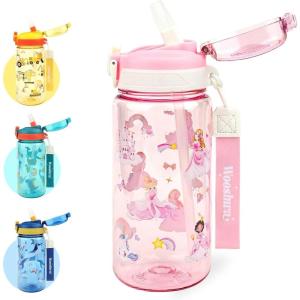 Gourde Enfant avec Paille, Anti-Fuite, Étanche, 600 ml Bouteille Enfant sans BPA, Verrouillage Sécurisé, Bouteilles d&rsquo;eau pour Maternelle l&rsquo;école Sport, Animaux(Princesse – Rose)