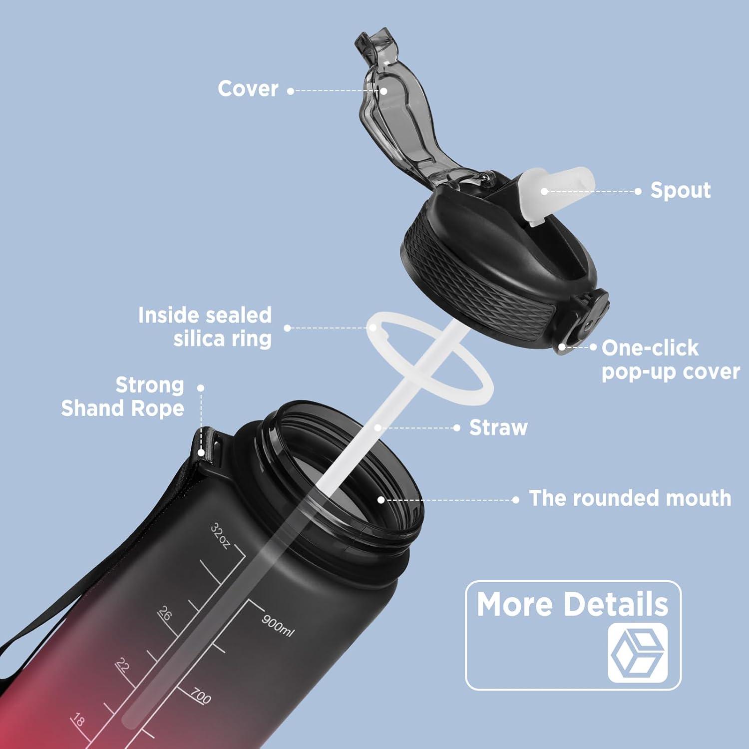 image:imageGeeRic Bouteille deau Bouteille deau de Sport 1000 ML avec chelle et Marqueur de Temps Grande Bouteille deau tanche pour la Salle de Sport en Plein AirNoir et Rouge