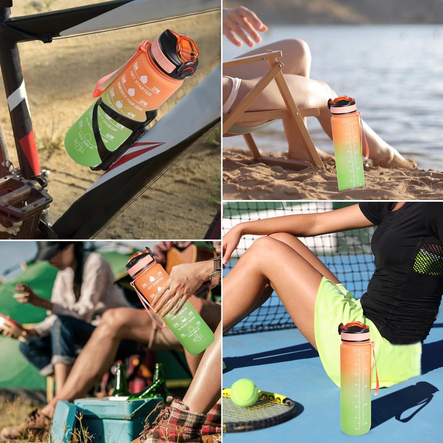 image:imageGeeRic Bouteille deau Bouteille deau de Sport 1000 ML avec chelle et Marqueur de Temps Grande Bouteille deau tanche pour la Salle de Sport en Plein AirOrange et Vert