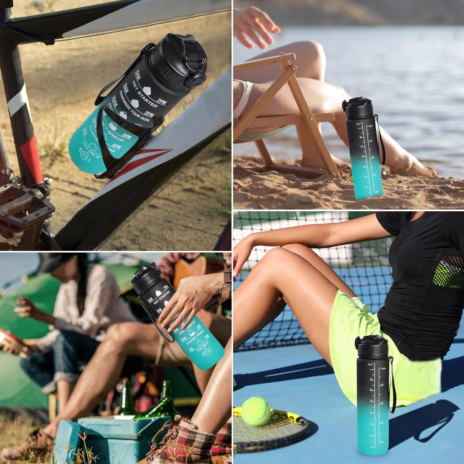 image:imageGeeRic Bouteille deau Bouteille deau de Sport 1000 ML avec chelle et Marqueur de Temps Grande Bouteille deau tanche pour la Salle de Sport en Plein AirNoir et Vert