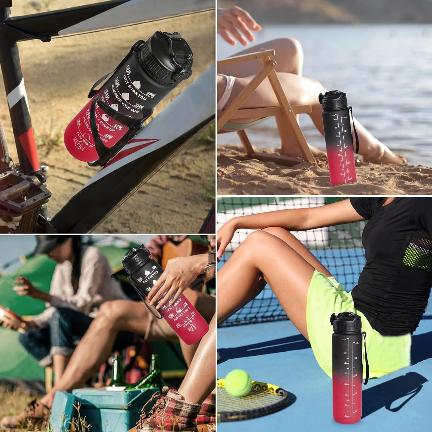 image:imageGeeRic Bouteille deau Bouteille deau de Sport 1000 ML avec chelle et Marqueur de Temps Grande Bouteille deau tanche pour la Salle de Sport en Plein AirNoir et Rouge