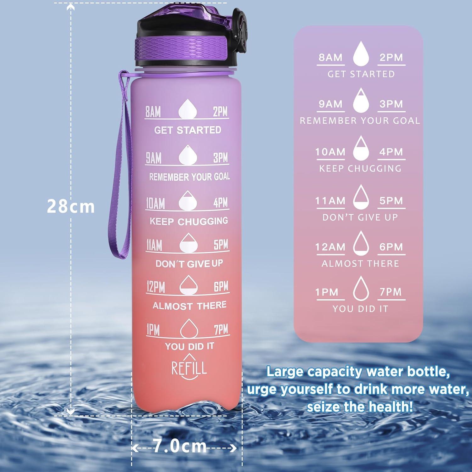 image:imageGeeRic Bouteille deau Bouteille deau de Sport 1000 ML avec chelle et Marqueur de Temps Grande Bouteille deau tanche pour la Salle de Sport en Plein AirRose et Violet