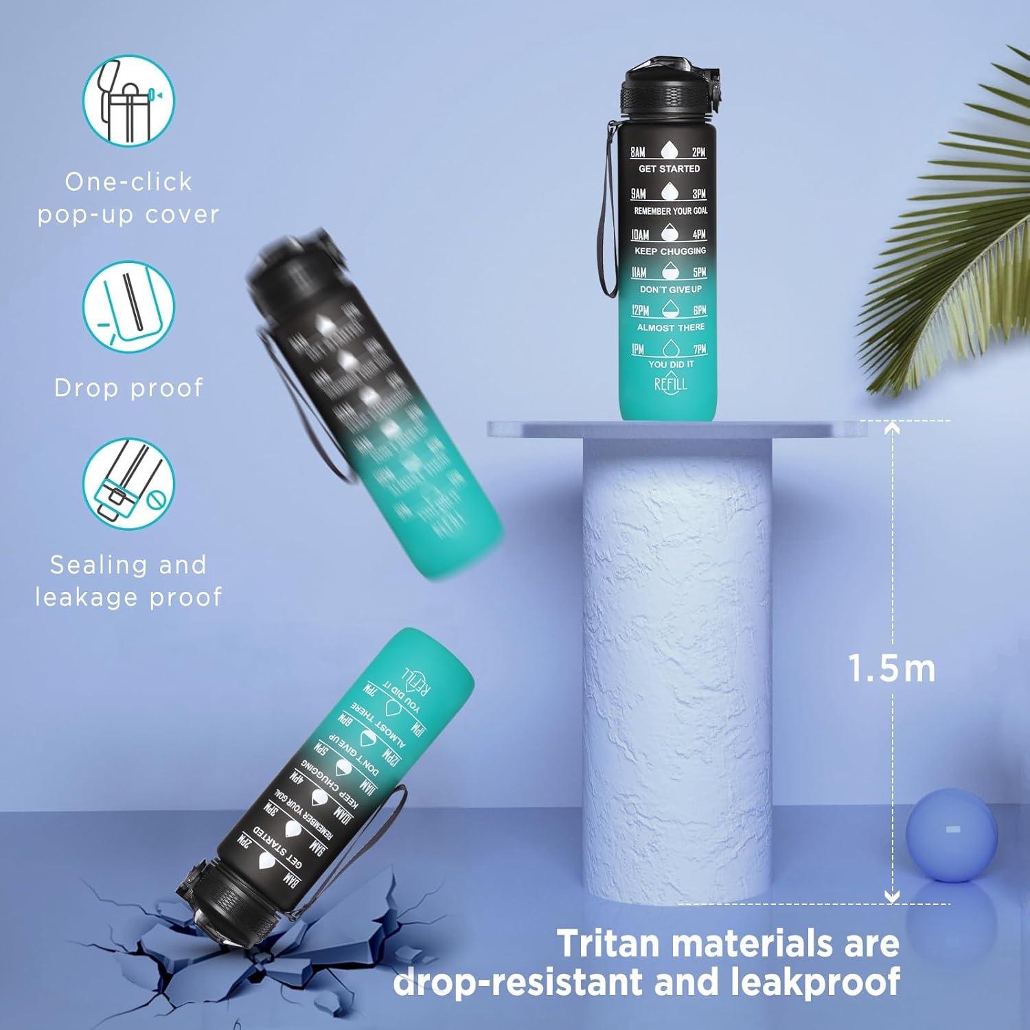 image:imageGeeRic Bouteille deau Bouteille deau de Sport 1000 ML avec chelle et Marqueur de Temps Grande Bouteille deau tanche pour la Salle de Sport en Plein AirNoir et Vert