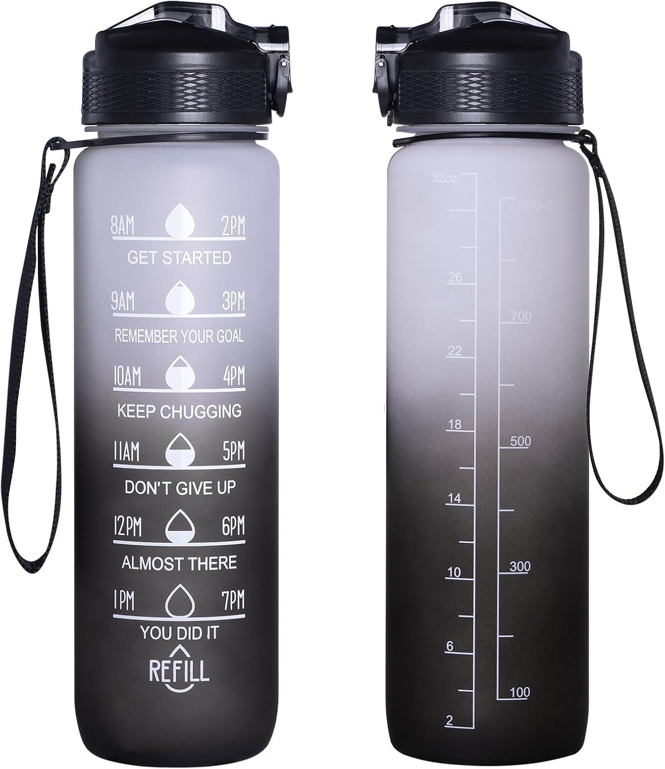 image:imageGeeRic Bouteille deau Bouteille deau de Sport 1000 ML avec chelle et Marqueur de Temps Grande Bouteille deau tanche pour la Salle de Sport en Plein AirNoir et Blanc
