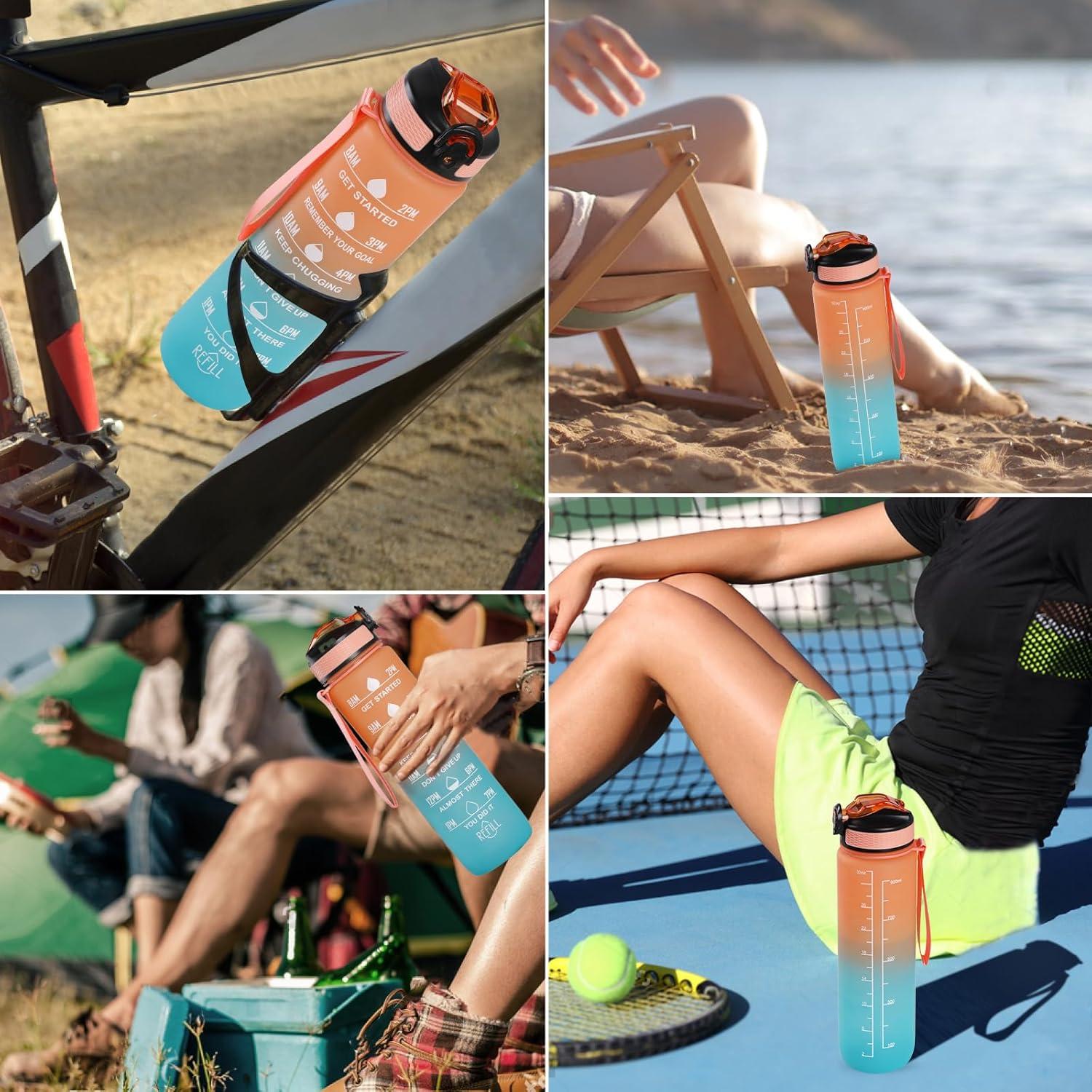 image:imageGeeRic Bouteille deau Bouteille deau de Sport 1000 ML avec chelle et Marqueur de Temps Grande Bouteille deau tanche pour la Salle de Sport en Plein AirOrange et Bleu