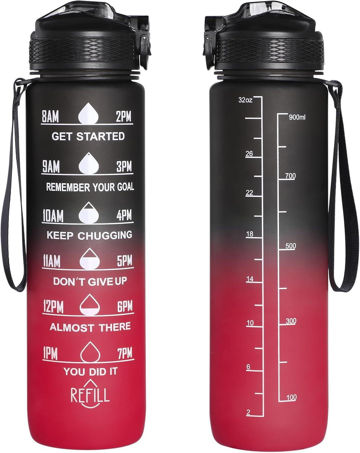 image:imageGeeRic Bouteille deau Bouteille deau de Sport 1000 ML avec chelle et Marqueur de Temps Grande Bouteille deau tanche pour la Salle de Sport en Plein AirNoir et Rouge