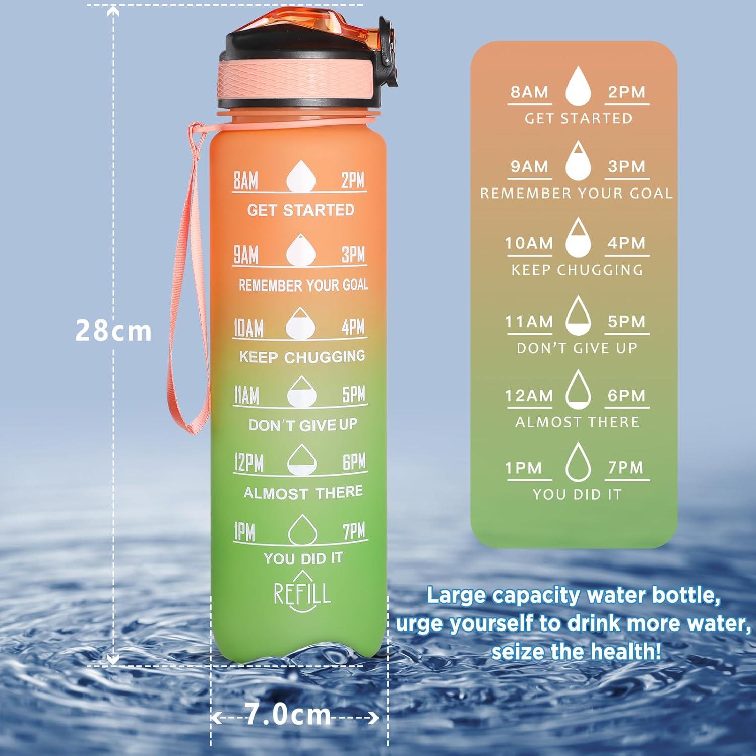 image:imageGeeRic Bouteille deau Bouteille deau de Sport 1000 ML avec chelle et Marqueur de Temps Grande Bouteille deau tanche pour la Salle de Sport en Plein AirOrange et Vert
