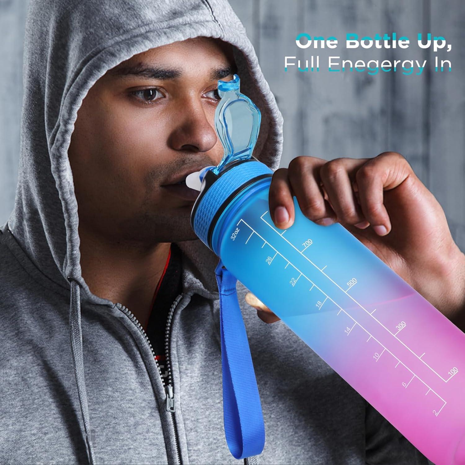 image:imageGeeRic Bouteille deau Bouteille deau de Sport 1000 ML avec chelle et Marqueur de Temps Grande Bouteille deau tanche pour la Salle de Sport en Plein AirBleu et Violet