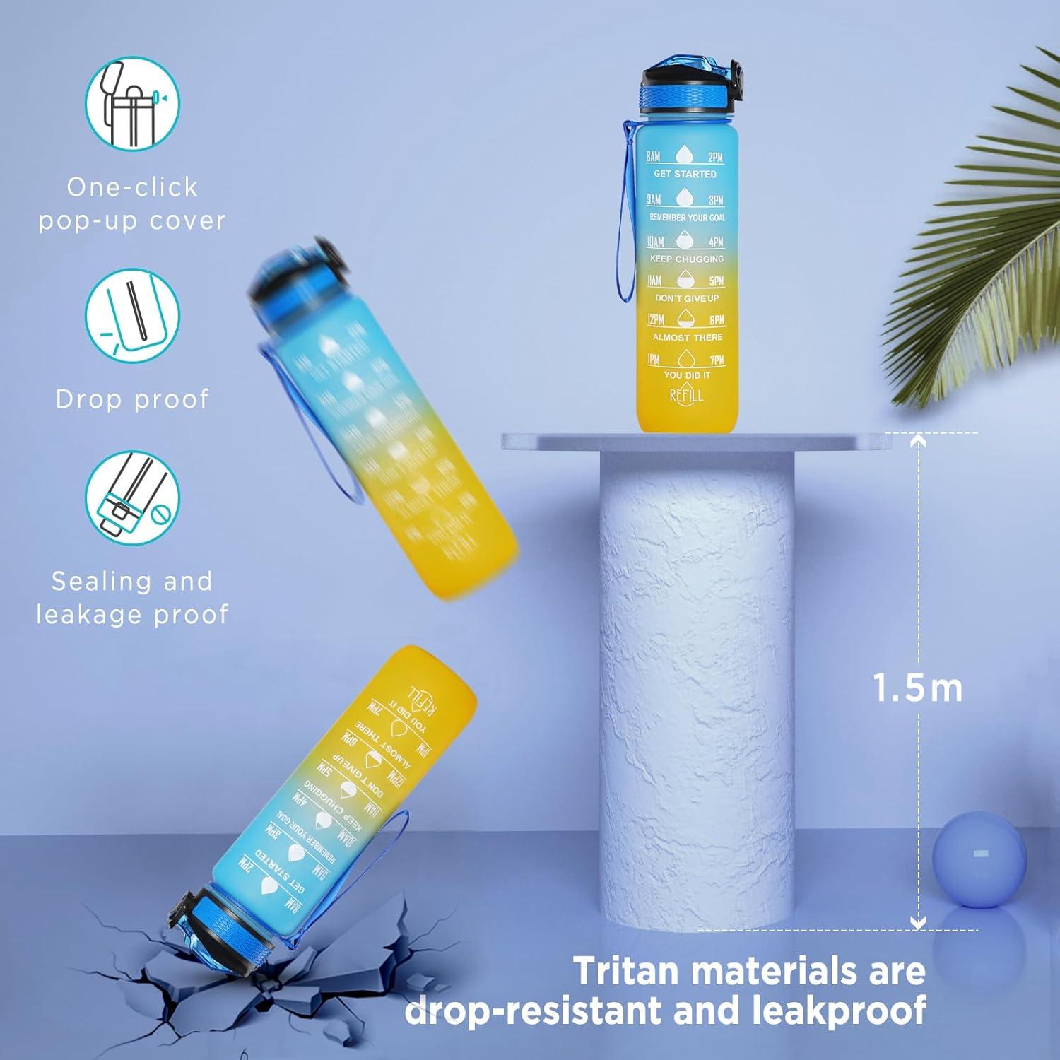 image:imageGeeRic Bouteille deau Bouteille deau de Sport 1000 ML avec chelle et Marqueur de Temps Grande Bouteille deau tanche pour la Salle de Sport en Plein AirDgrad Bleu et Jaune