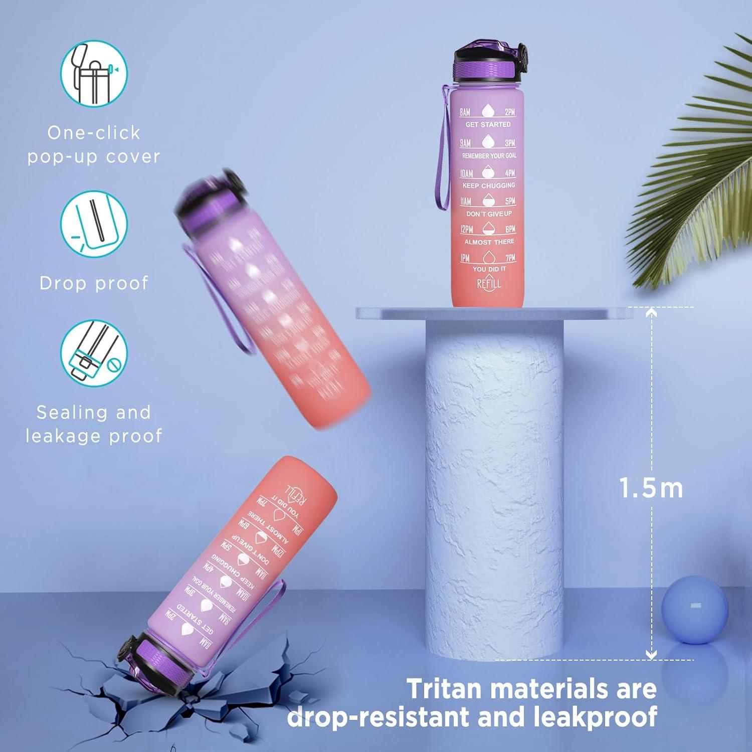 image:imageGeeRic Bouteille deau Bouteille deau de Sport 1000 ML avec chelle et Marqueur de Temps Grande Bouteille deau tanche pour la Salle de Sport en Plein AirRose et Violet