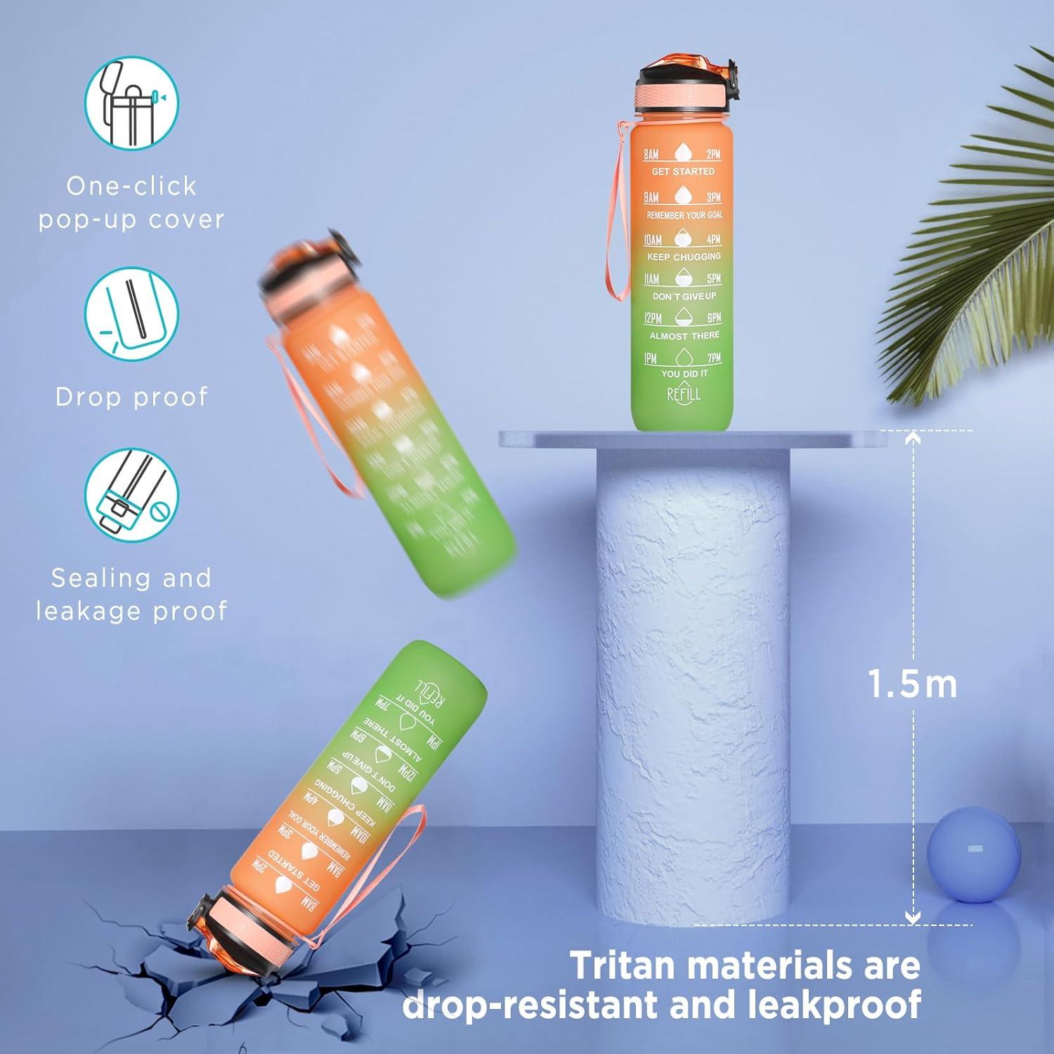 image:imageGeeRic Bouteille deau Bouteille deau de Sport 1000 ML avec chelle et Marqueur de Temps Grande Bouteille deau tanche pour la Salle de Sport en Plein AirOrange et Vert