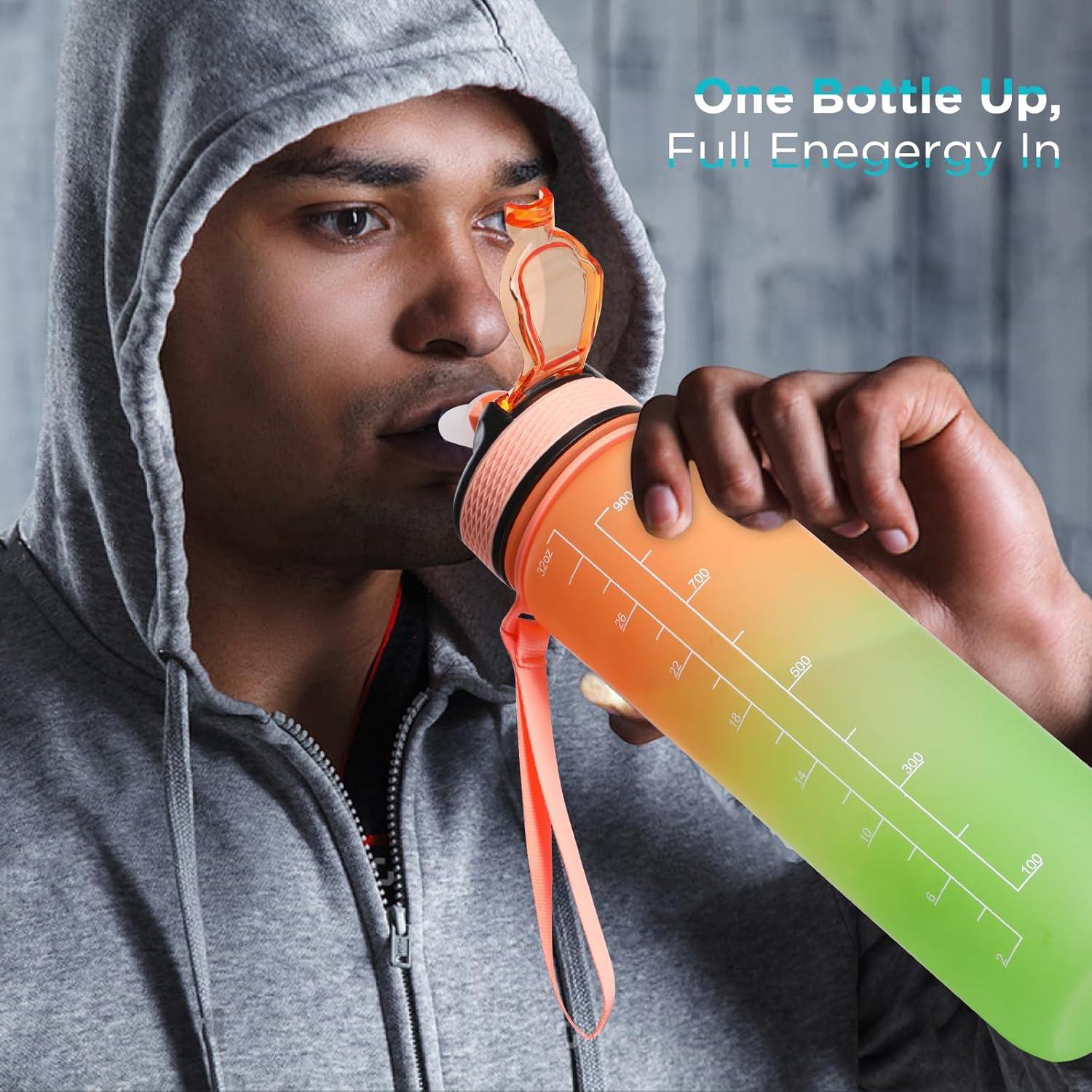 image:imageGeeRic Bouteille deau Bouteille deau de Sport 1000 ML avec chelle et Marqueur de Temps Grande Bouteille deau tanche pour la Salle de Sport en Plein AirOrange et Vert