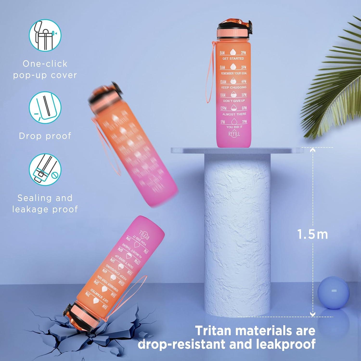 image:imageGeeRic Bouteille deau Bouteille deau de Sport 1000 ML avec chelle et Marqueur de Temps Grande Bouteille deau tanche pour la Salle de Sport en Plein AirDgrad Orange et Rose