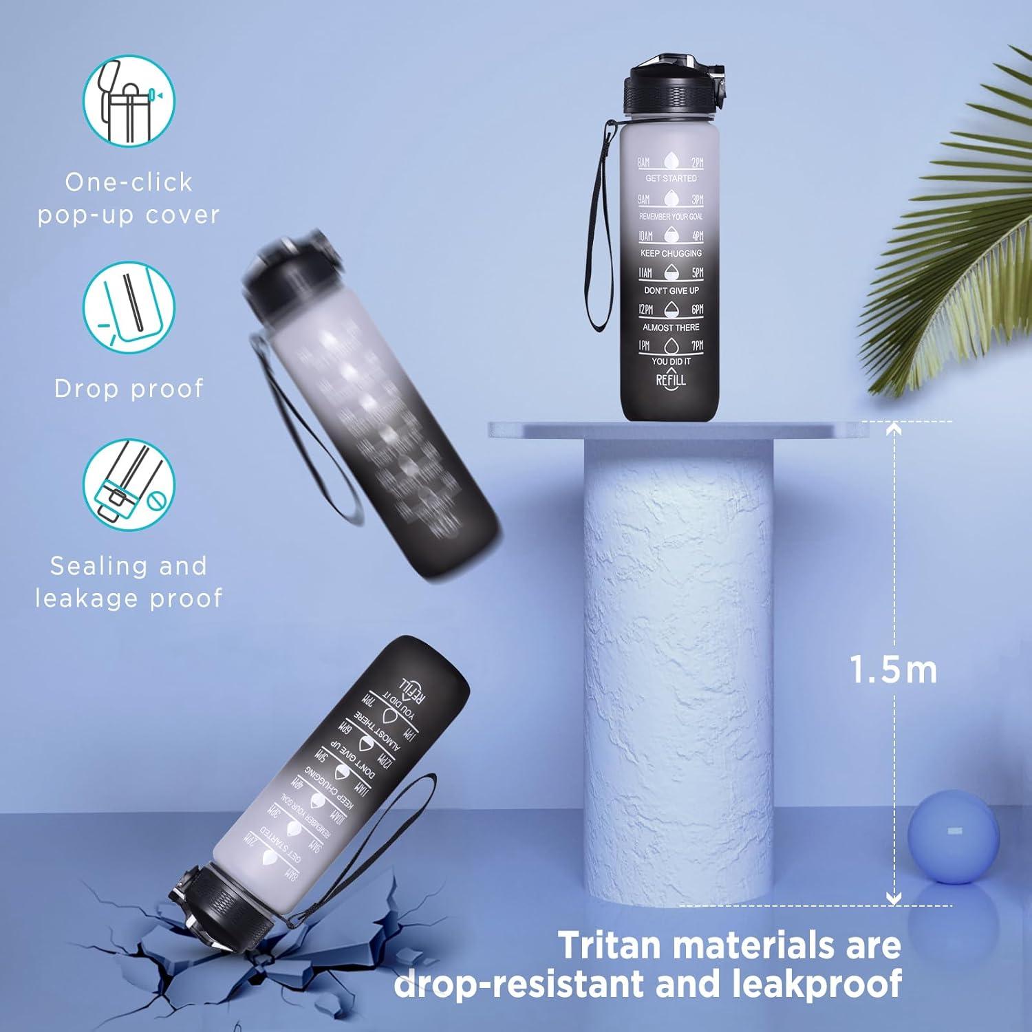 image:imageGeeRic Bouteille deau Bouteille deau de Sport 1000 ML avec chelle et Marqueur de Temps Grande Bouteille deau tanche pour la Salle de Sport en Plein AirNoir et Blanc