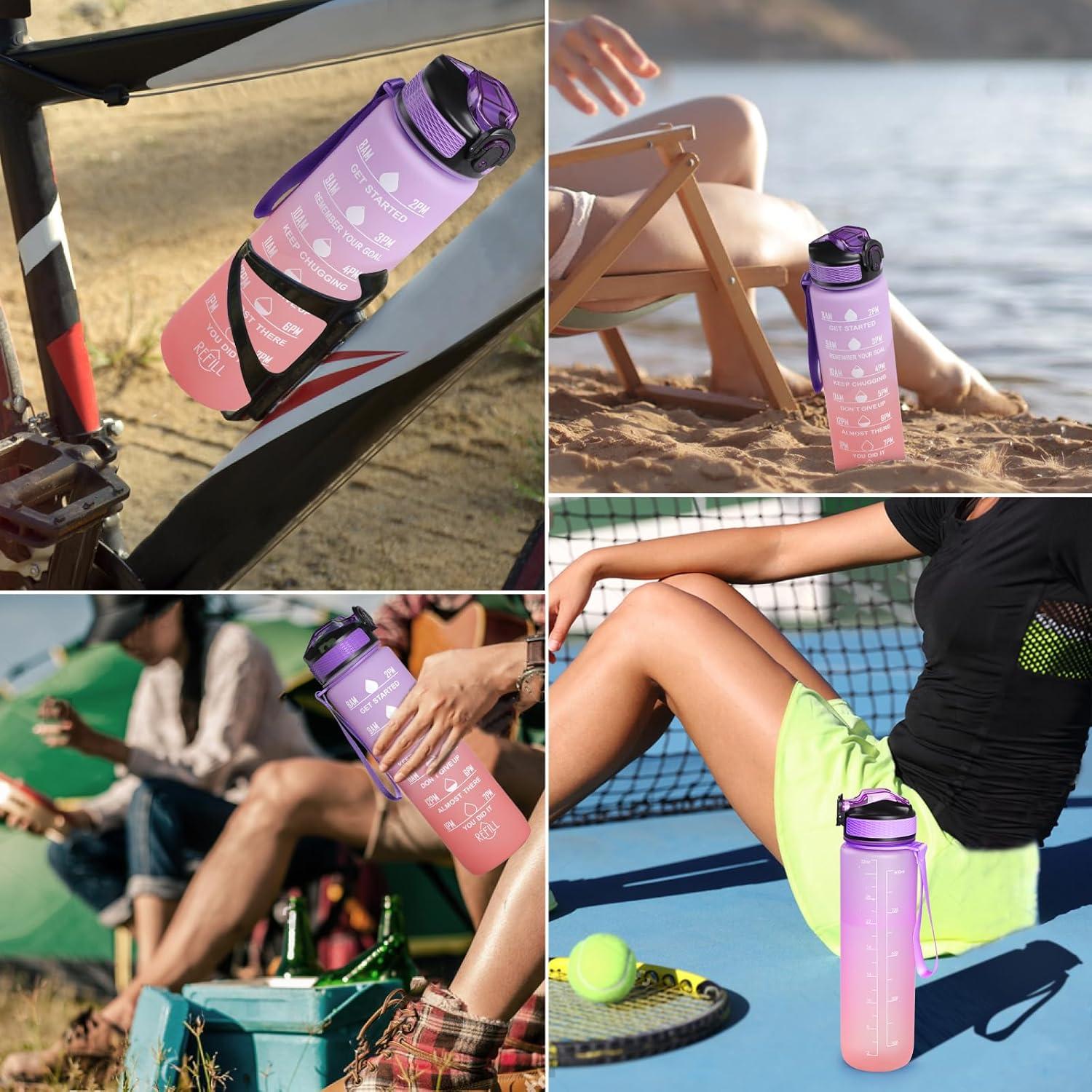 image:imageGeeRic Bouteille deau Bouteille deau de Sport 1000 ML avec chelle et Marqueur de Temps Grande Bouteille deau tanche pour la Salle de Sport en Plein AirRose et Violet