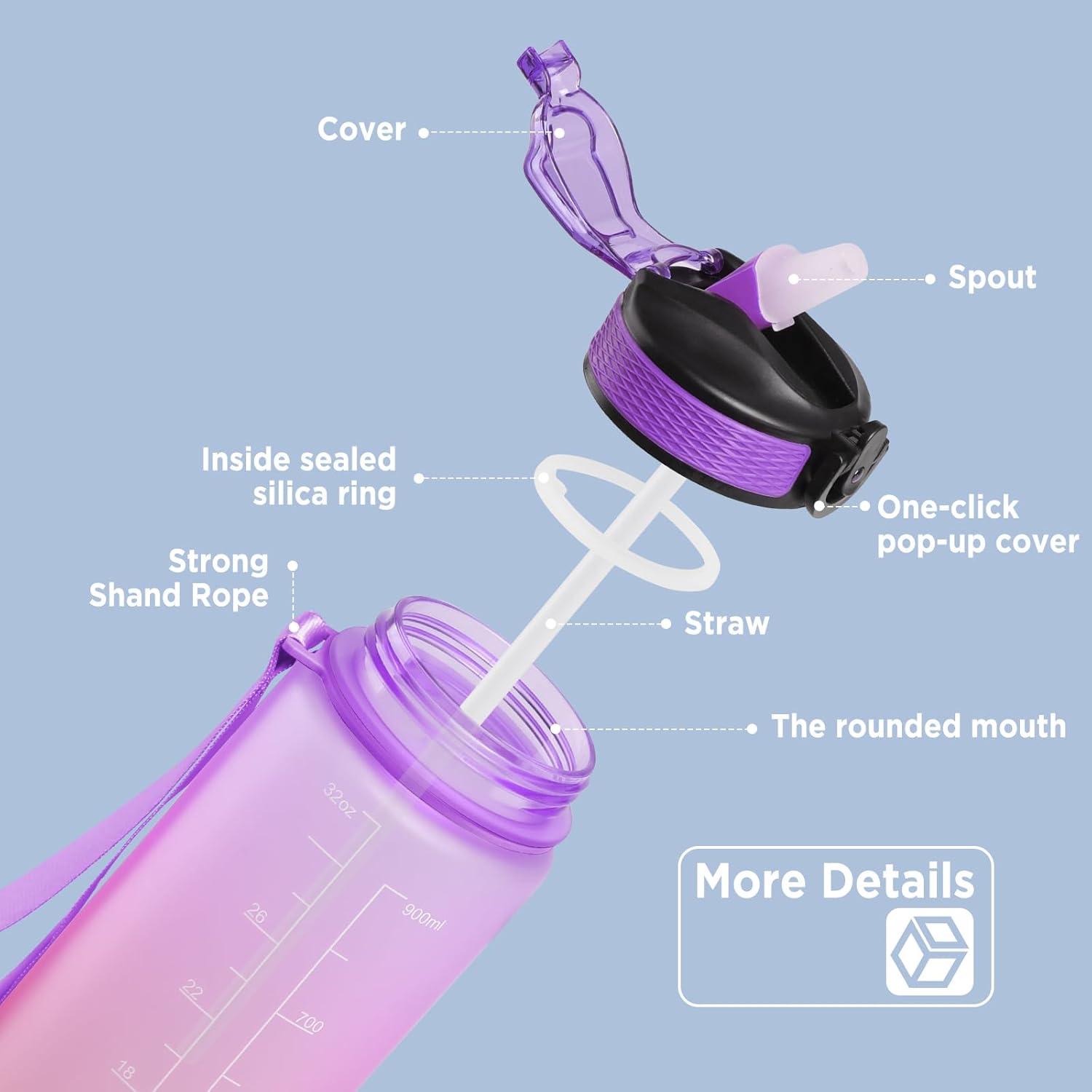 image:imageGeeRic Bouteille deau Bouteille deau de Sport 1000 ML avec chelle et Marqueur de Temps Grande Bouteille deau tanche pour la Salle de Sport en Plein AirRose et Violet