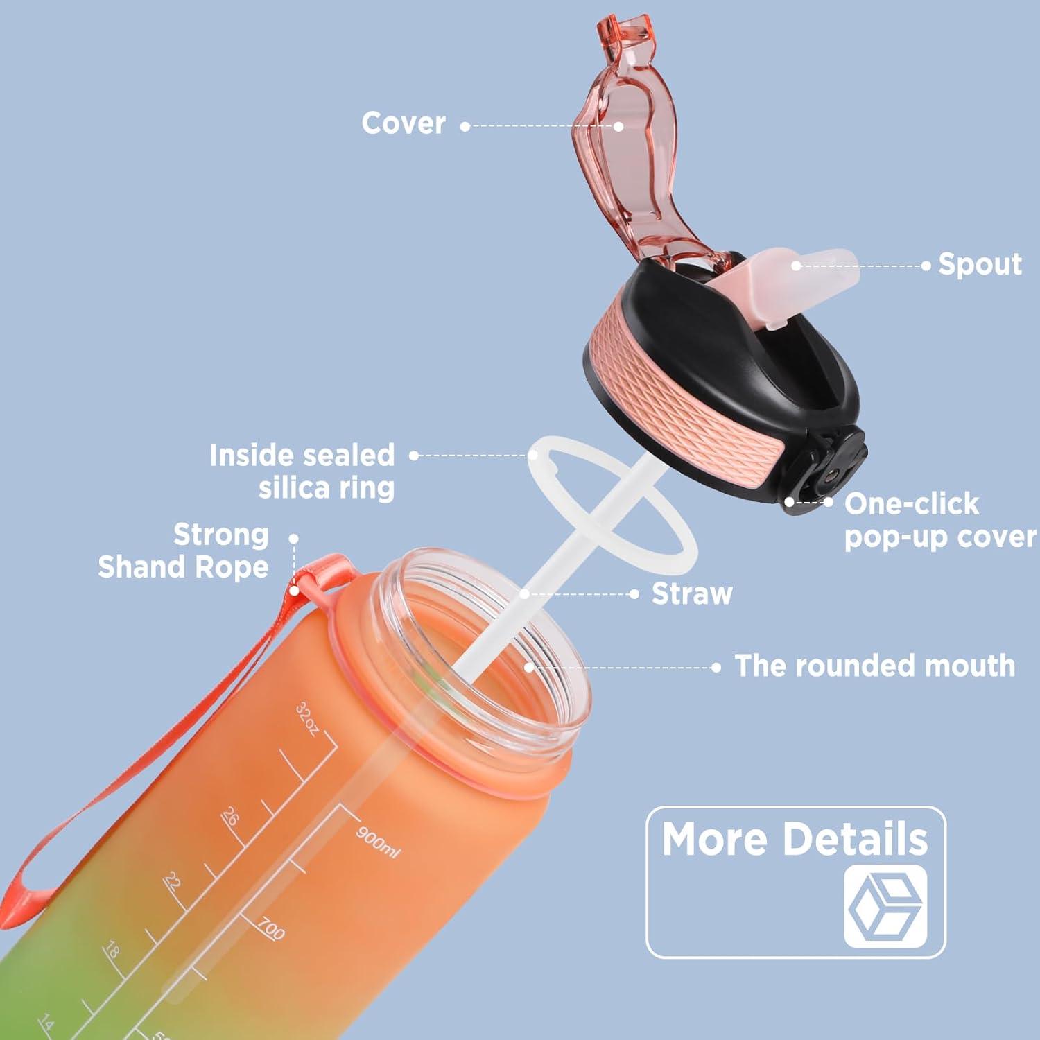 image:imageGeeRic Bouteille deau Bouteille deau de Sport 1000 ML avec chelle et Marqueur de Temps Grande Bouteille deau tanche pour la Salle de Sport en Plein AirOrange et Vert