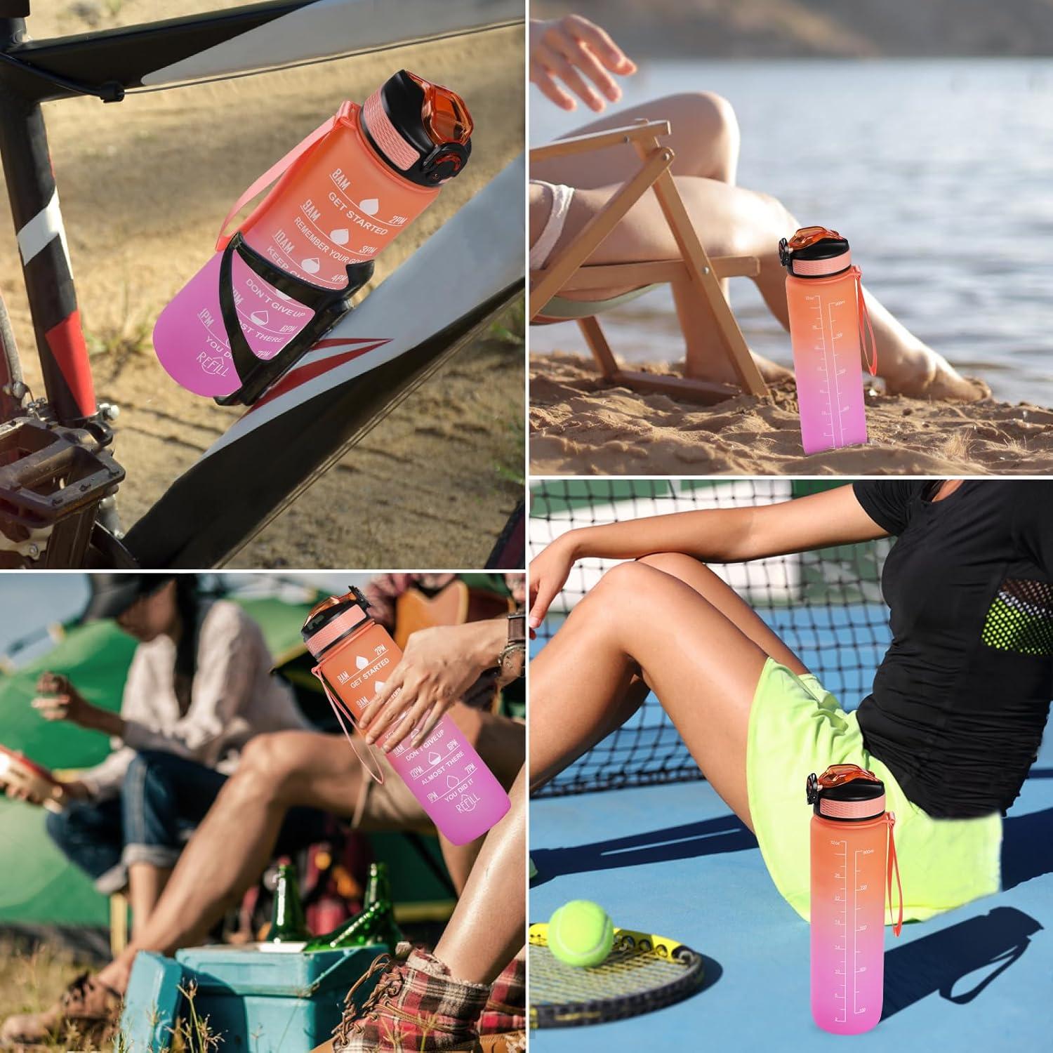 image:imageGeeRic Bouteille deau Bouteille deau de Sport 1000 ML avec chelle et Marqueur de Temps Grande Bouteille deau tanche pour la Salle de Sport en Plein AirDgrad Orange et Rose