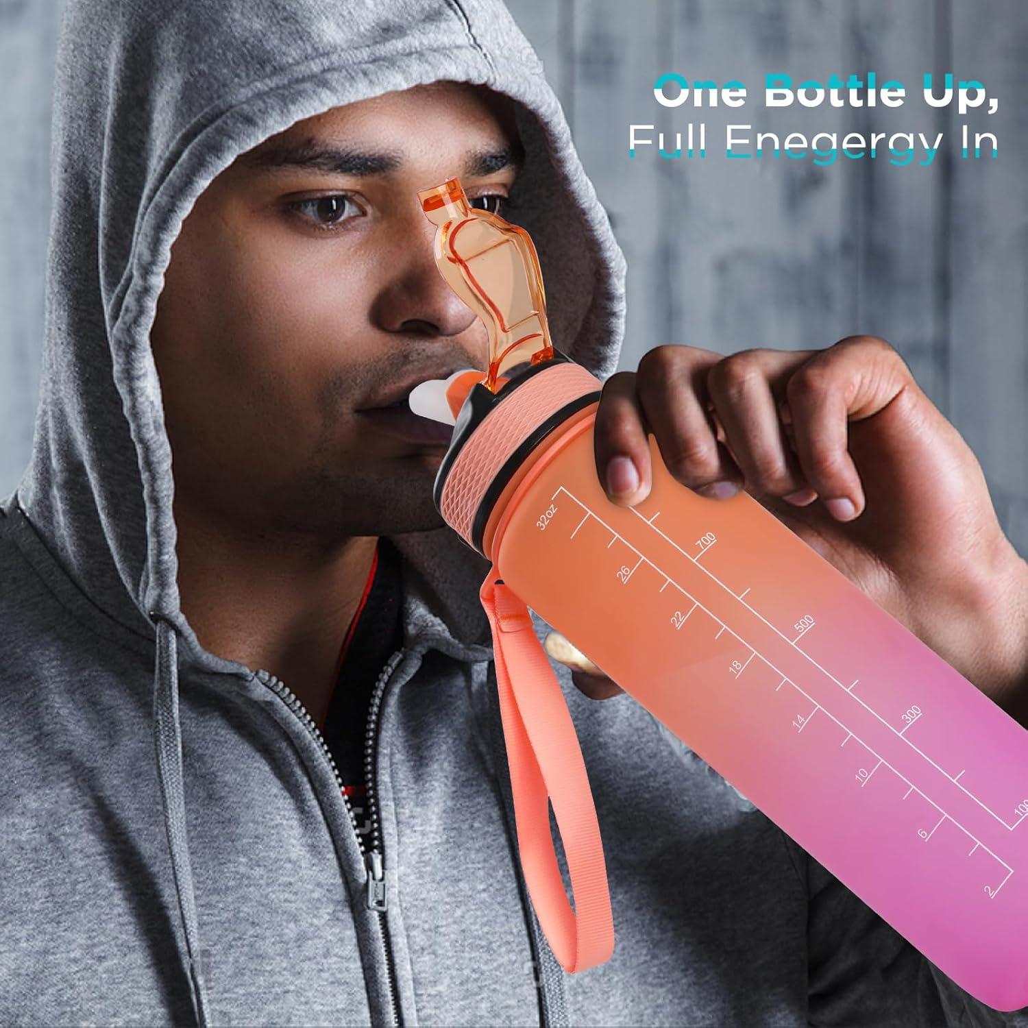 image:imageGeeRic Bouteille deau Bouteille deau de Sport 1000 ML avec chelle et Marqueur de Temps Grande Bouteille deau tanche pour la Salle de Sport en Plein AirDgrad Orange et Rose