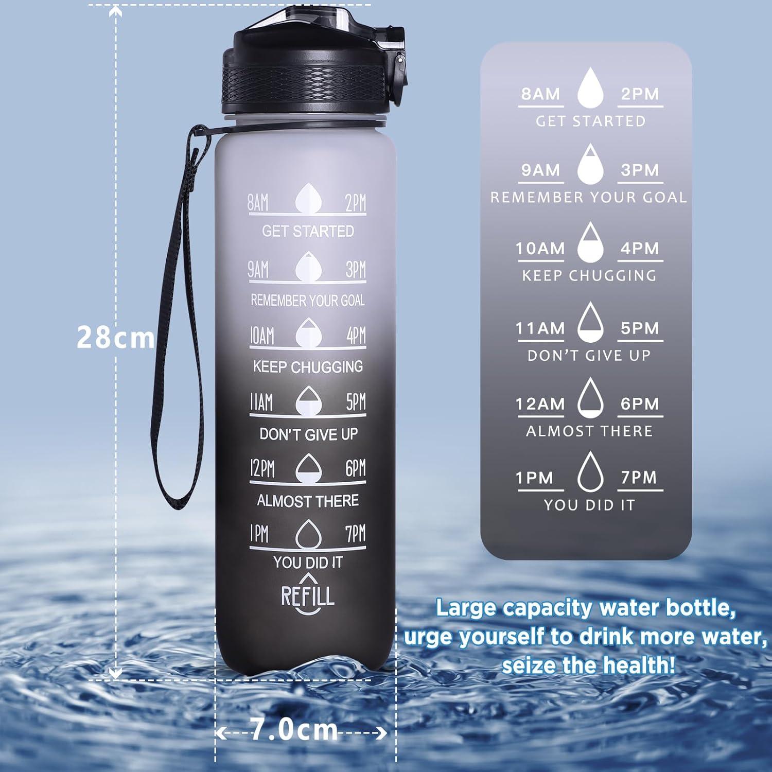 image:imageGeeRic Bouteille deau Bouteille deau de Sport 1000 ML avec chelle et Marqueur de Temps Grande Bouteille deau tanche pour la Salle de Sport en Plein AirNoir et Blanc