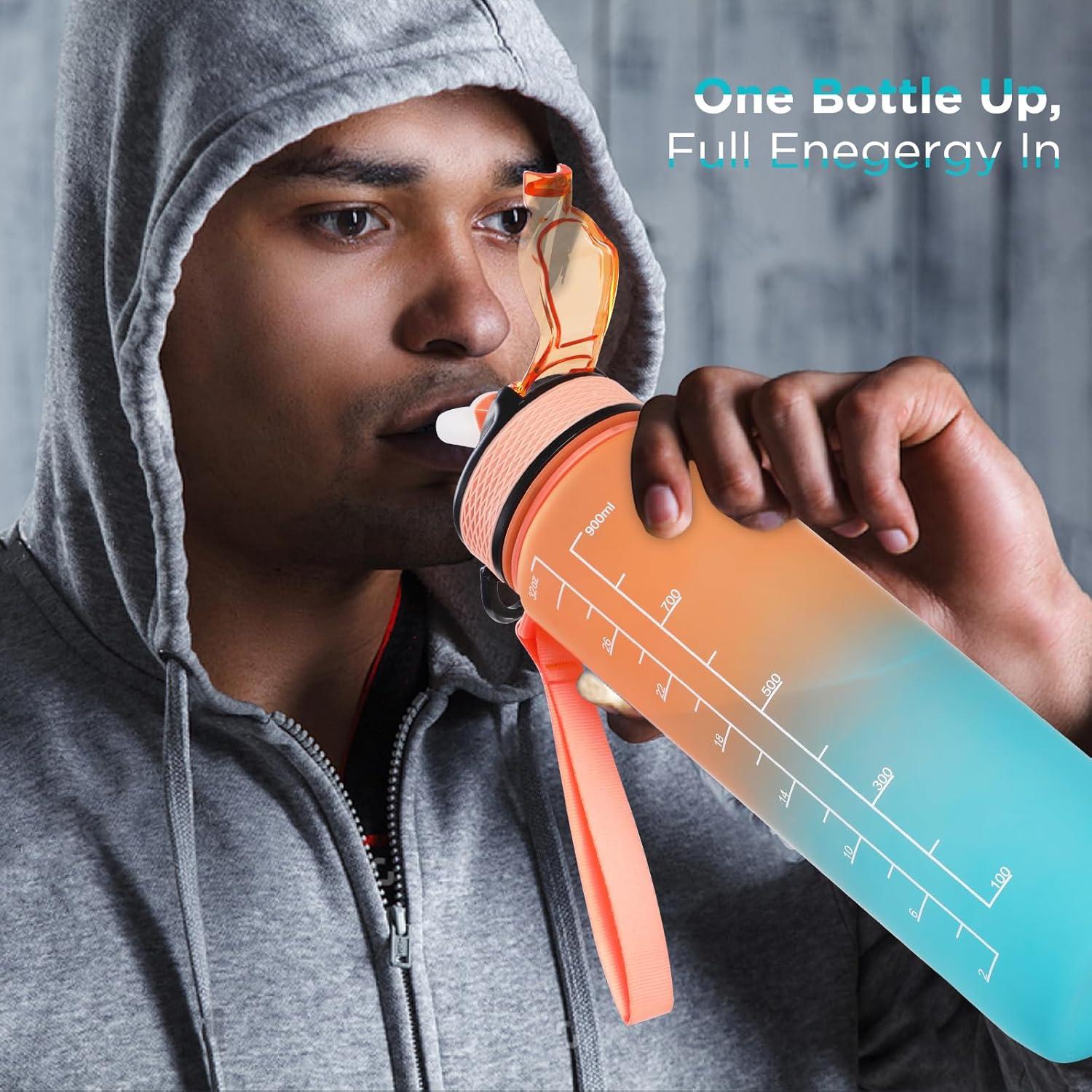 image:imageGeeRic Bouteille deau Bouteille deau de Sport 1000 ML avec chelle et Marqueur de Temps Grande Bouteille deau tanche pour la Salle de Sport en Plein AirOrange et Bleu
