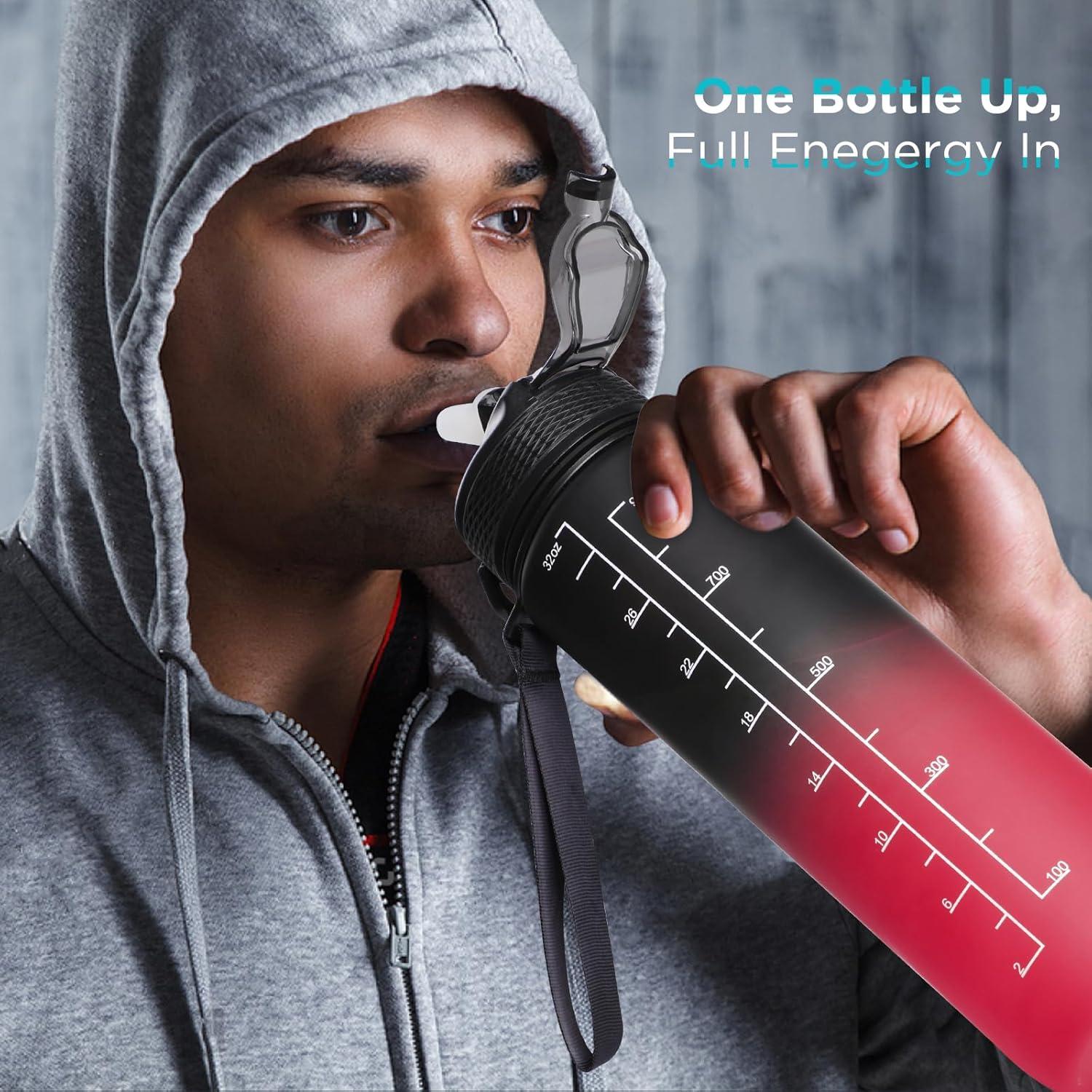 image:imageGeeRic Bouteille deau Bouteille deau de Sport 1000 ML avec chelle et Marqueur de Temps Grande Bouteille deau tanche pour la Salle de Sport en Plein AirNoir et Rouge