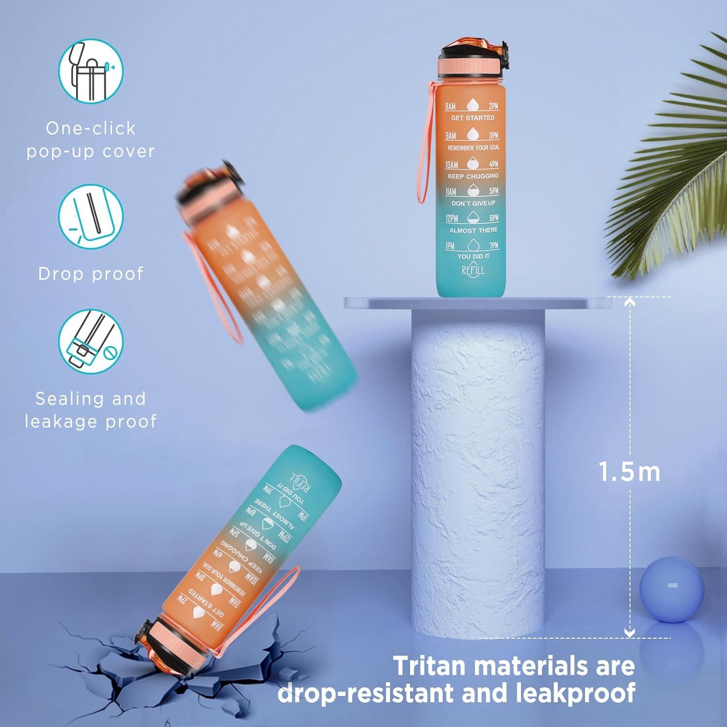 image:imageGeeRic Bouteille deau Bouteille deau de Sport 1000 ML avec chelle et Marqueur de Temps Grande Bouteille deau tanche pour la Salle de Sport en Plein AirOrange et Bleu