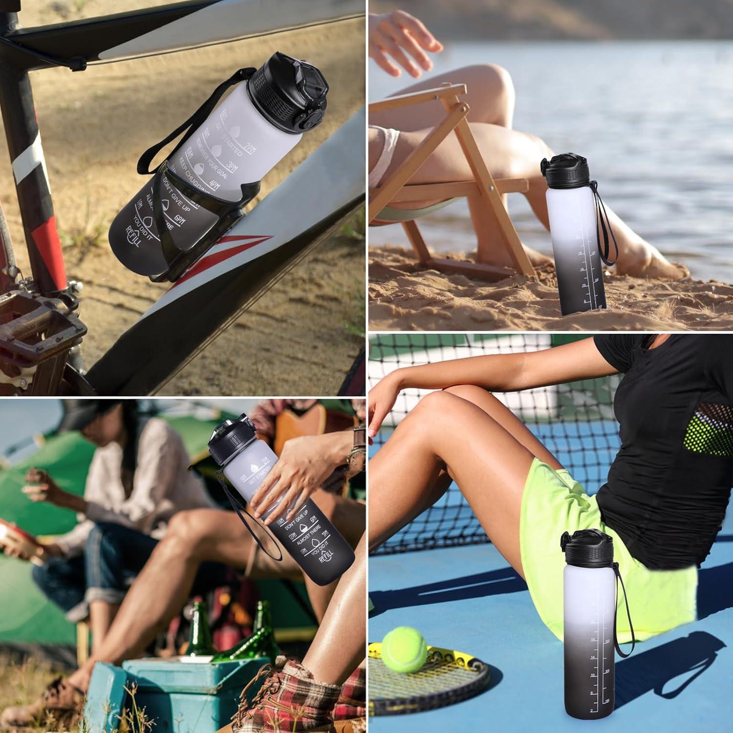 image:imageGeeRic Bouteille deau Bouteille deau de Sport 1000 ML avec chelle et Marqueur de Temps Grande Bouteille deau tanche pour la Salle de Sport en Plein AirNoir et Blanc