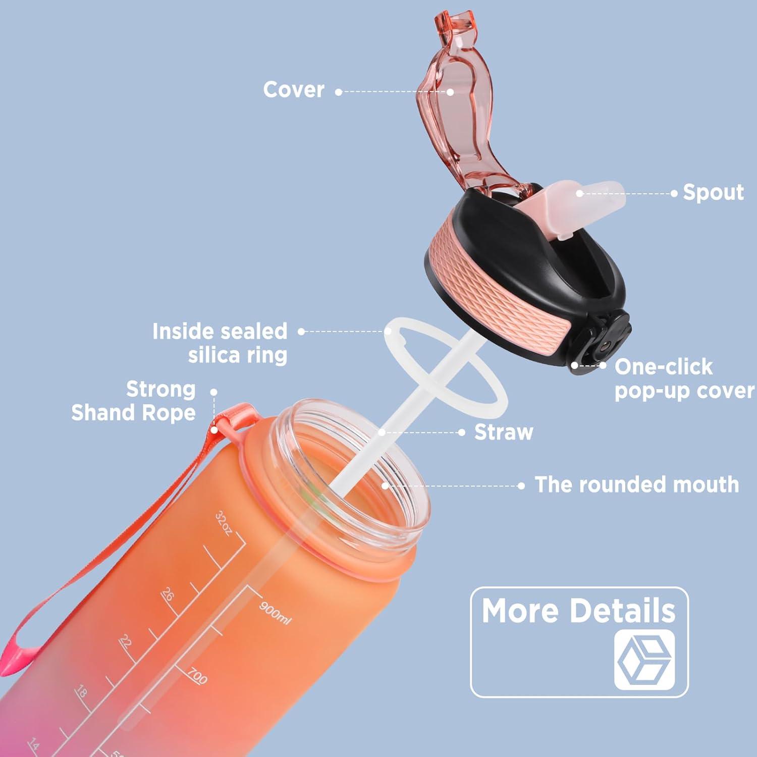 image:imageGeeRic Bouteille deau Bouteille deau de Sport 1000 ML avec chelle et Marqueur de Temps Grande Bouteille deau tanche pour la Salle de Sport en Plein AirDgrad Orange et Rose