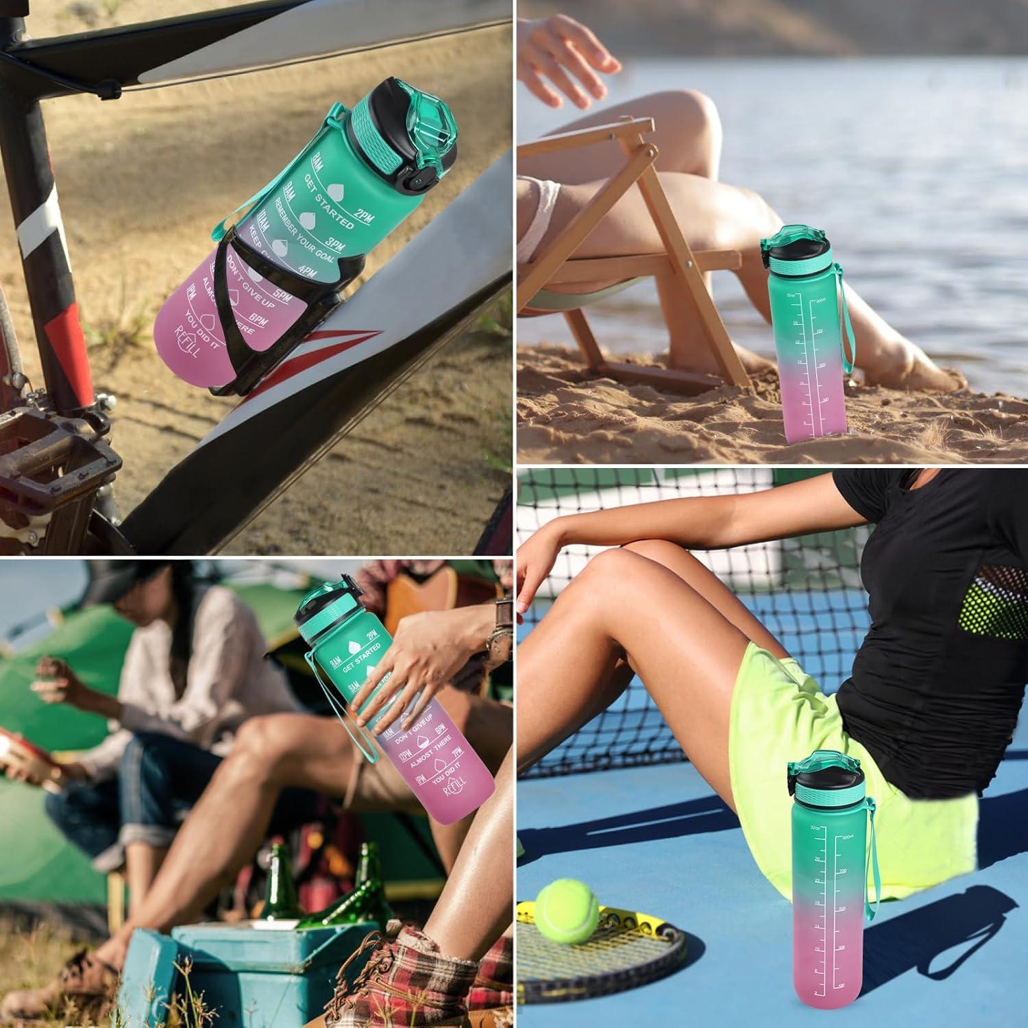 image:imageGeeRic Bouteille deau Bouteille deau de Sport 1000 ML avec chelle et Marqueur de Temps Grande Bouteille deau tanche pour la Salle de Sport en Plein AirDgrad Vert et Violet