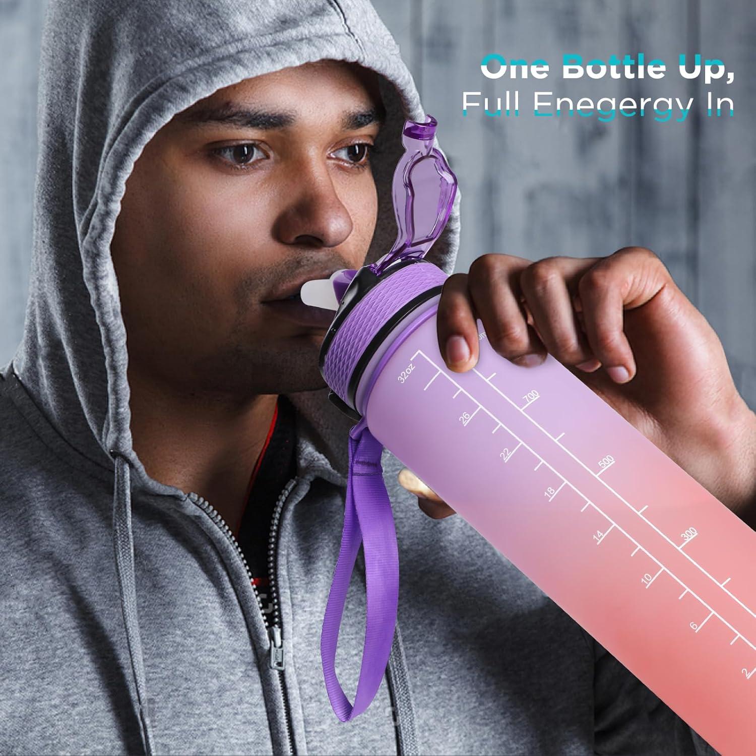 image:imageGeeRic Bouteille deau Bouteille deau de Sport 1000 ML avec chelle et Marqueur de Temps Grande Bouteille deau tanche pour la Salle de Sport en Plein AirRose et Violet