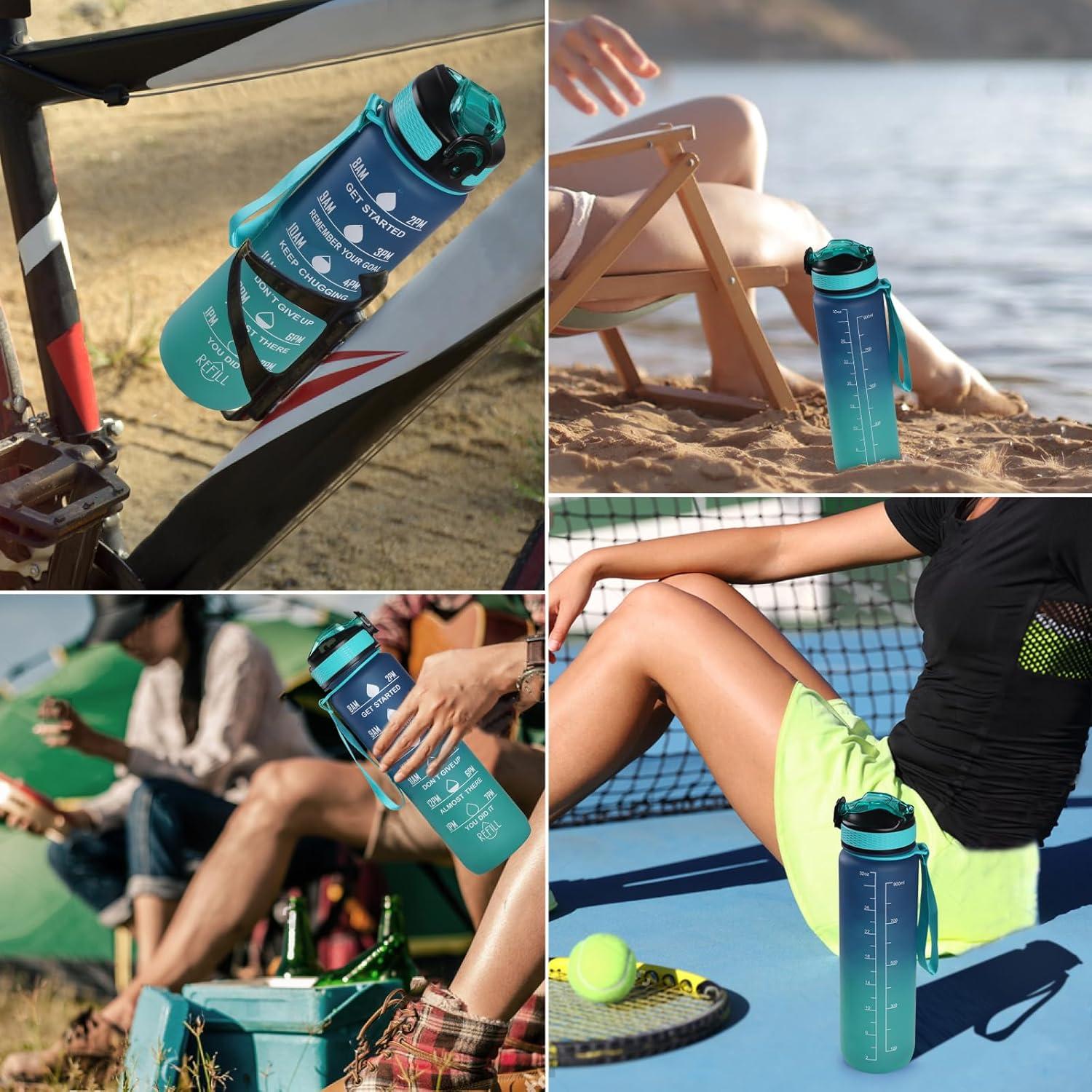 image:imageGeeRic Bouteille deau Bouteille deau de Sport 1000 ML avec chelle et Marqueur de Temps Grande Bouteille deau tanche pour la Salle de Sport en Plein AirDgrad Bleu