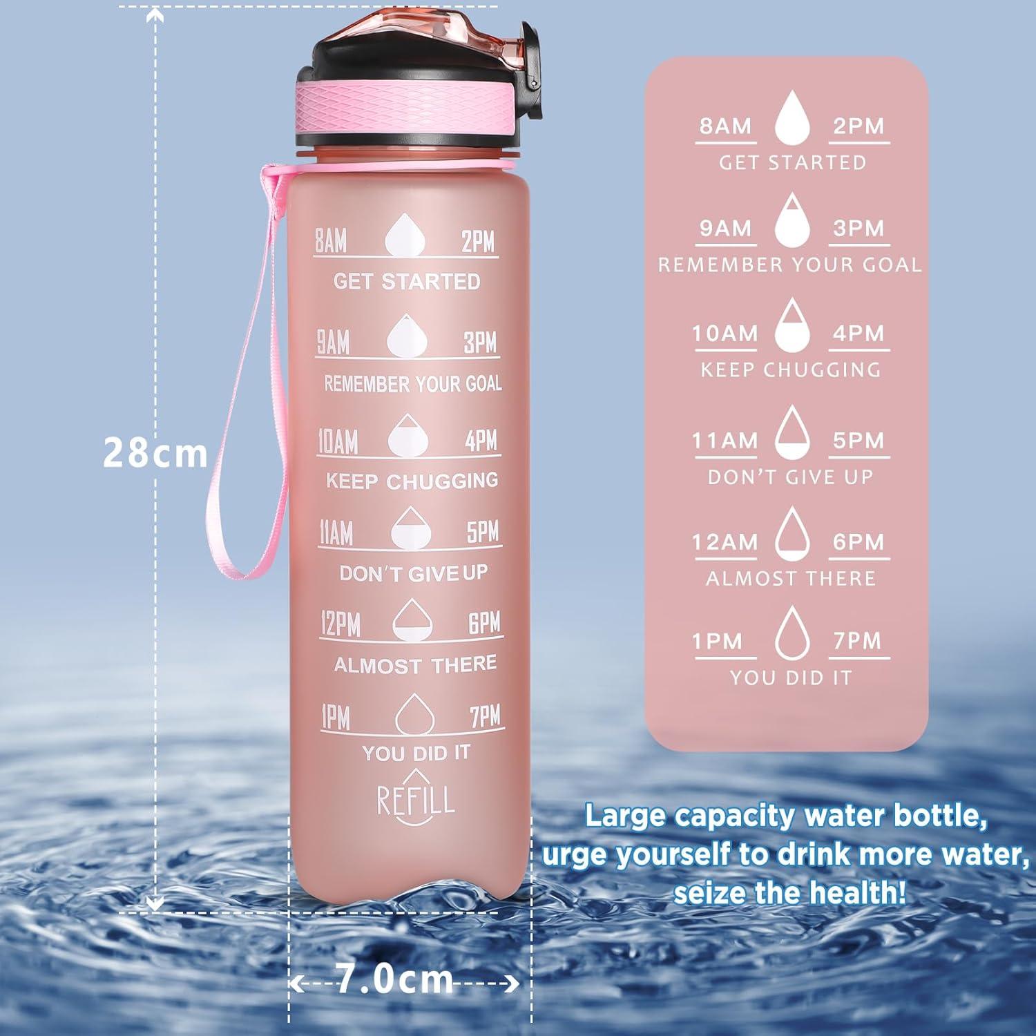 image:imageGeeRic Bouteille deau Bouteille deau de Sport 1000 ML avec chelle et Marqueur de Temps Grande Bouteille deau tanche pour la Salle de Sport en Plein AirRose