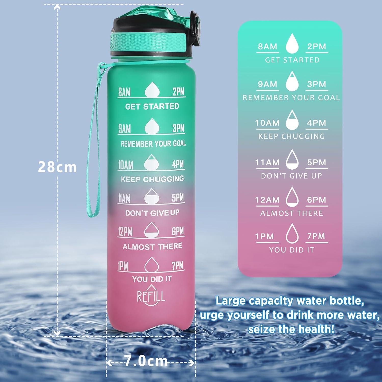 image:imageGeeRic Bouteille deau Bouteille deau de Sport 1000 ML avec chelle et Marqueur de Temps Grande Bouteille deau tanche pour la Salle de Sport en Plein AirDgrad Vert et Violet