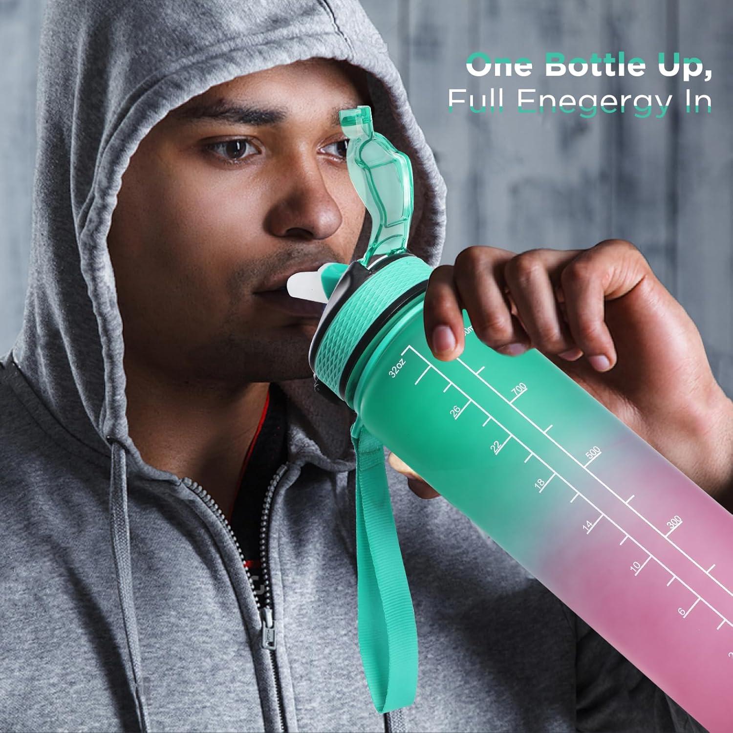 image:imageGeeRic Bouteille deau Bouteille deau de Sport 1000 ML avec chelle et Marqueur de Temps Grande Bouteille deau tanche pour la Salle de Sport en Plein AirDgrad Vert et Violet