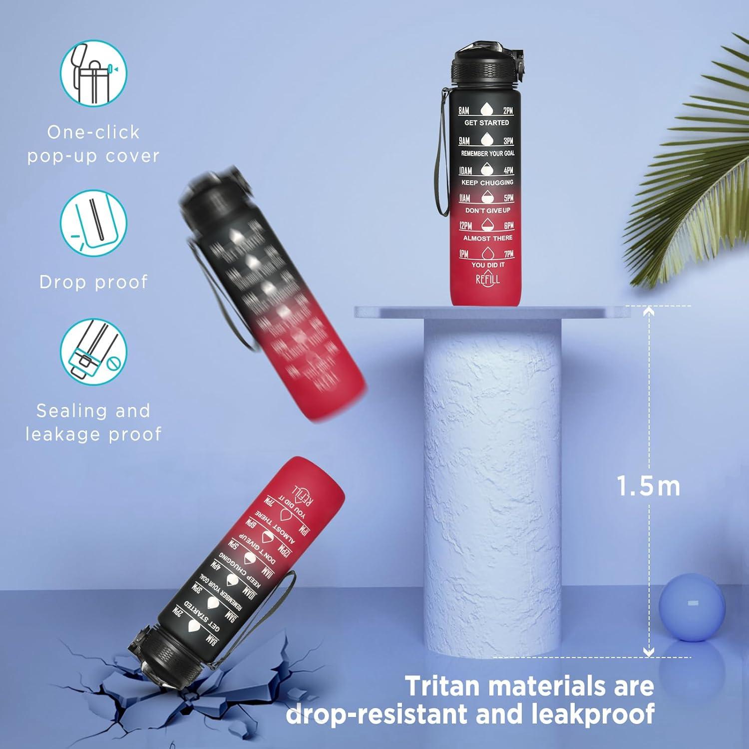 image:imageGeeRic Bouteille deau Bouteille deau de Sport 1000 ML avec chelle et Marqueur de Temps Grande Bouteille deau tanche pour la Salle de Sport en Plein AirNoir et Rouge
