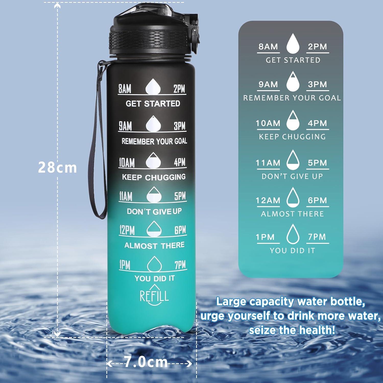 image:imageGeeRic Bouteille deau Bouteille deau de Sport 1000 ML avec chelle et Marqueur de Temps Grande Bouteille deau tanche pour la Salle de Sport en Plein AirNoir et Vert
