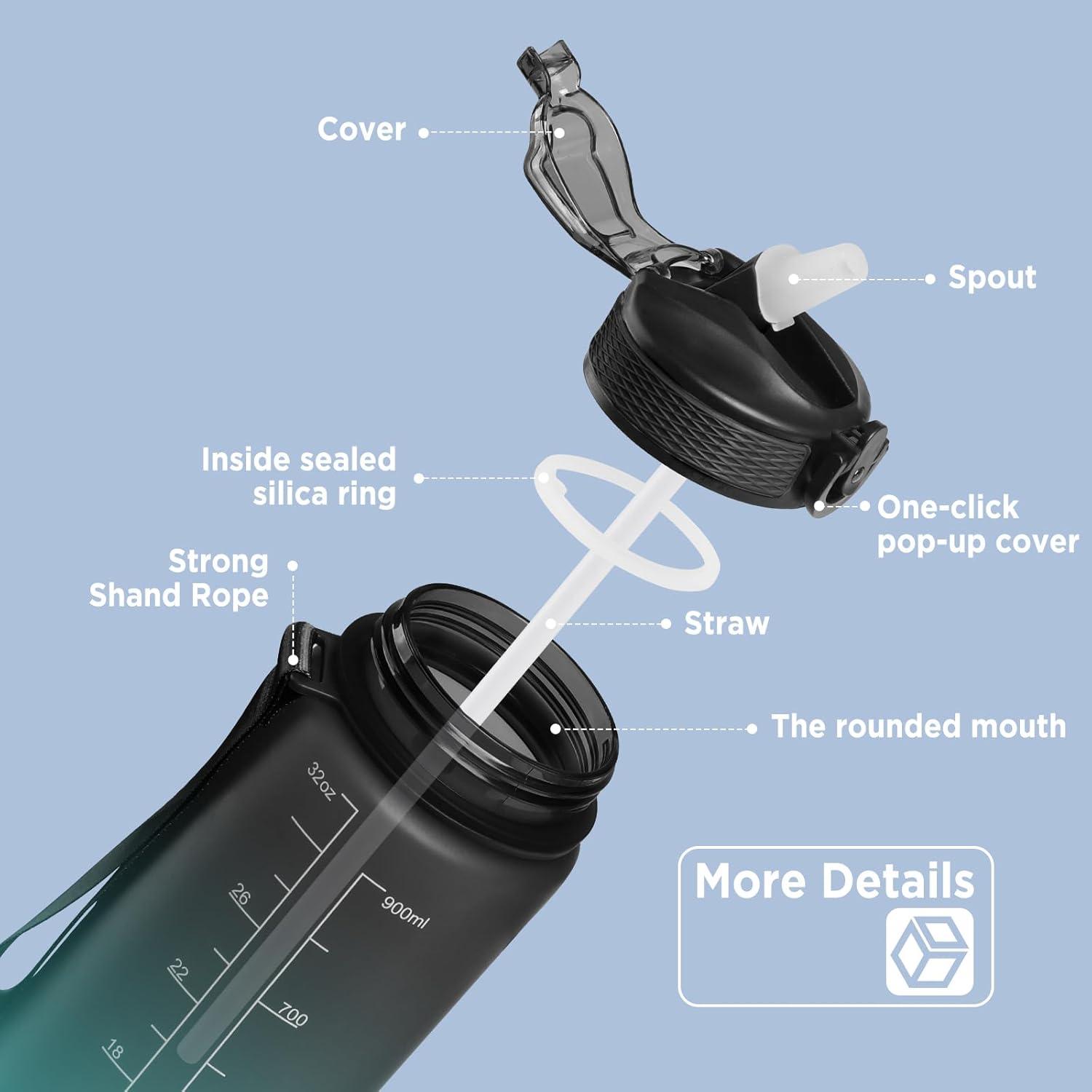 image:imageGeeRic Bouteille deau Bouteille deau de Sport 1000 ML avec chelle et Marqueur de Temps Grande Bouteille deau tanche pour la Salle de Sport en Plein AirNoir et Vert